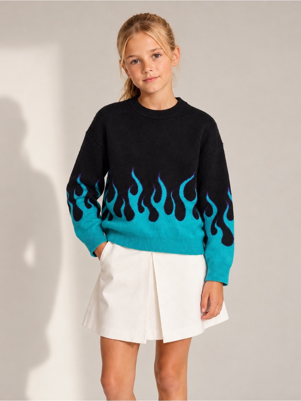 Kids Black Turquoise Flame Sweater 140 10-11Y Unisex Y2K Halloween Girls Boys